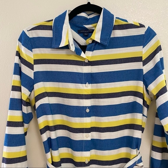 TOMMY HILFIGER Womens Blue Yellow Striped Belted Shirt Dress Size 6 - Picture 13 of 15